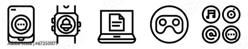 Conjunto de iconos de aplicaciones del dispositivo. Tecnología. aplicación del teléfono, reloj inteligente, documento digital, mando de videojuego. Ilustración vectorial