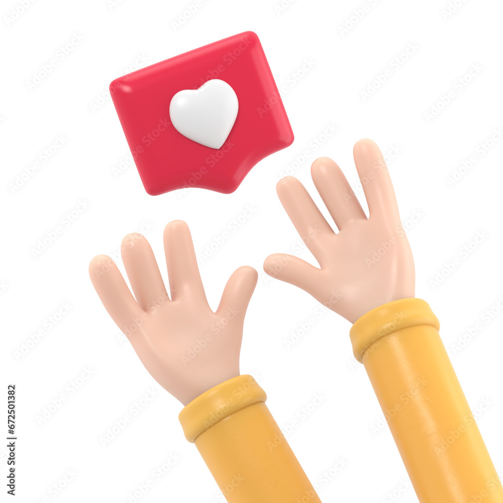 Hands reaching for a pin like with a heart with wings. Social metaphor