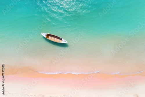 AI generated illustration of an aerial view of a vessel floating peacefully in a vast blue ocean