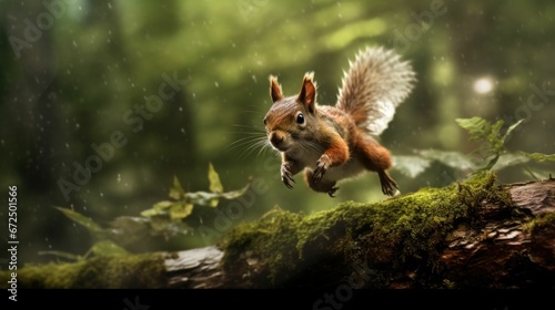 AI generated illustration of a curious squirrel leaping between trees in a lush forest © Wirestock
