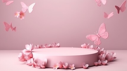 Butterfly podium background pink 3D flower pedestal rose stage cosmetic wedding platform. Background podium gold butterfly arch floral beauty spring presentation shop paper day product mockup showcase
