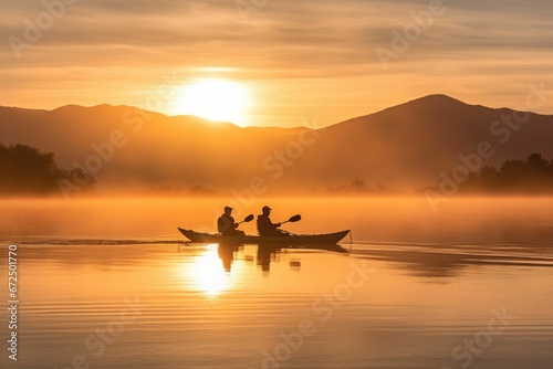 AI generated illustration of two people in paddling kayaks across a lake at sunset