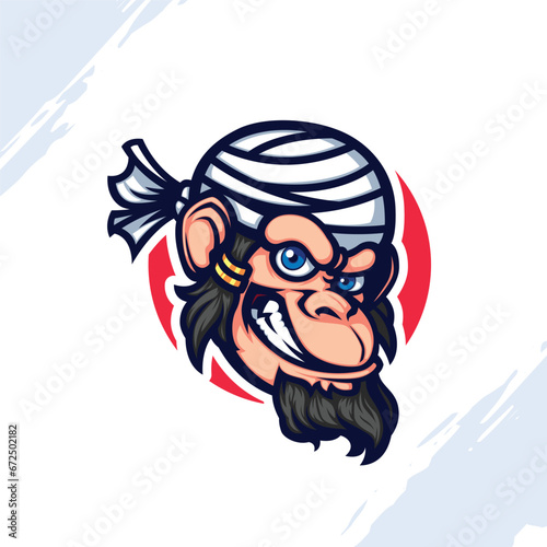 Cute Smiling Monkey Primate Mascot Logo wearing Bandage on Head
