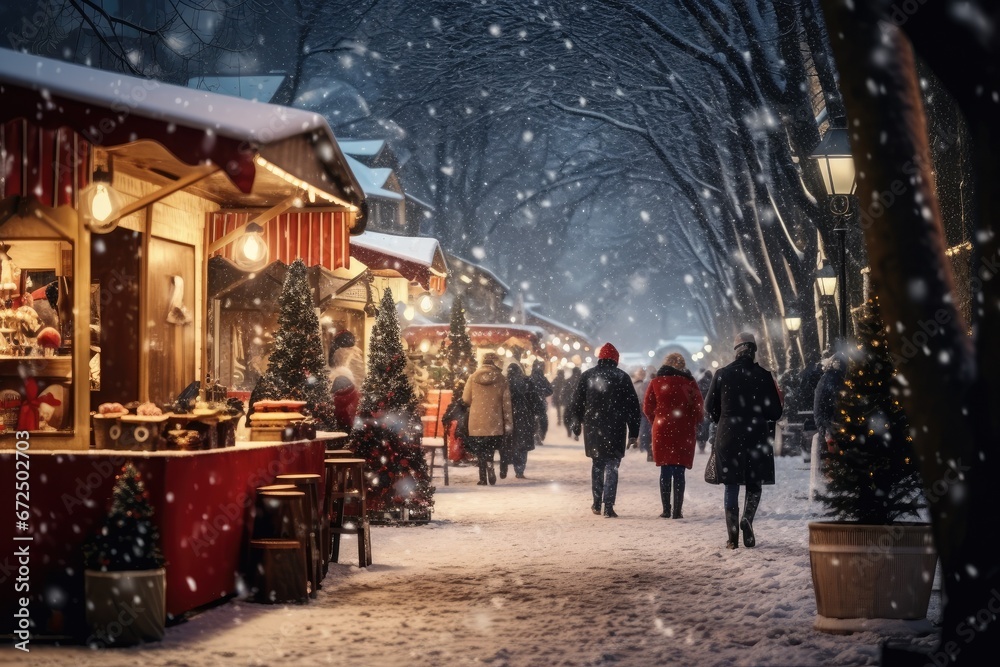 A festive winter scene captures the charm of a snowy evening at a bustling Christmas market.