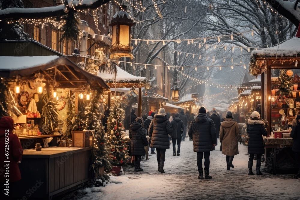 Visitors stroll through a snowy Christmas market at dusk, with lights and decorations adding a magical touch to the wintry atmosphere.