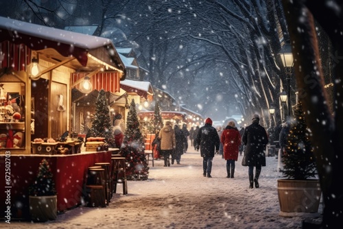 A festive winter scene captures the charm of a snowy evening at a bustling Christmas market.