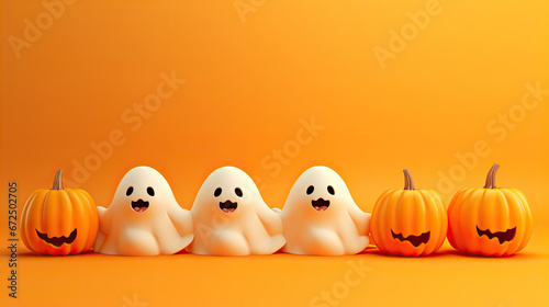 Halloween ghosts with funny pumpkin on orange background. Happy halloween holiday concept.