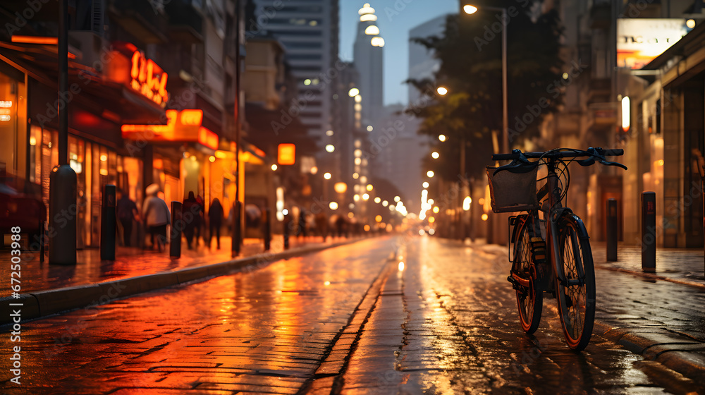 bicycle lane in a bustling city, emphasizing alternative and eco-friendly modes of transportation. arafed view of a wet street with a bicycle on the sidewalk - obrazy, fototapety, plakaty 