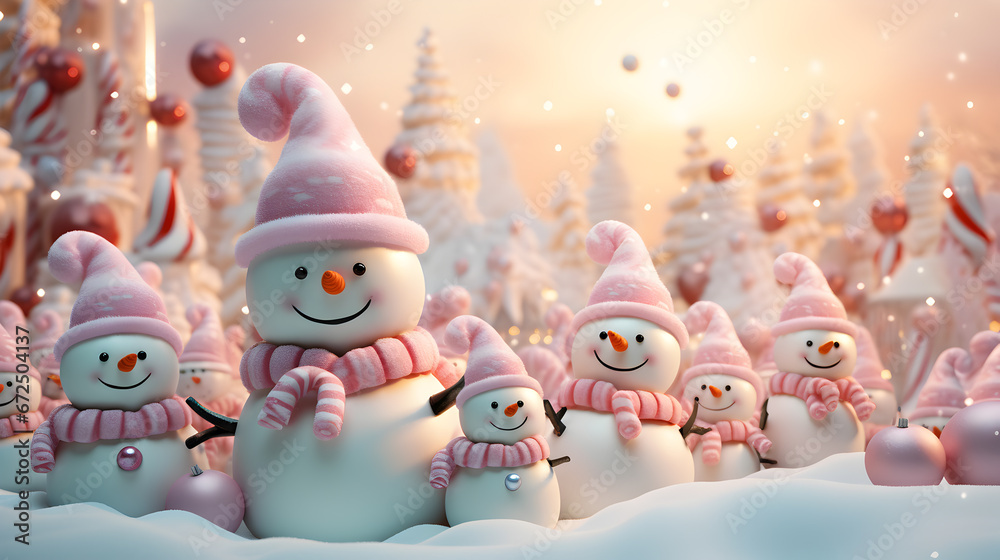 happy snowman on the snow with pink hat, happy snowman and candy in winter secenery 