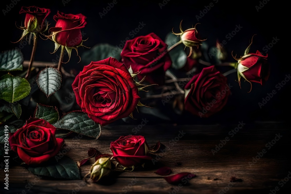 Wilted roses on an abstract dark background made of ancient wood, a floral red border with withered flowers, and a retro vintage style photo with the theme of death