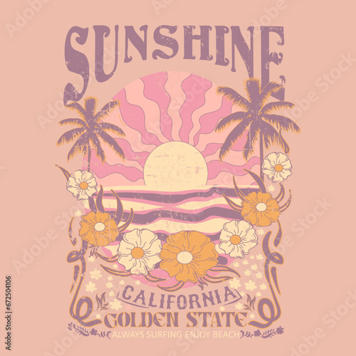 sunshine California golden state vintage tone in tone retro color graphic tee design, Summer wave surf illustration with palm trees for t shirt, sweatshirt and other uses.