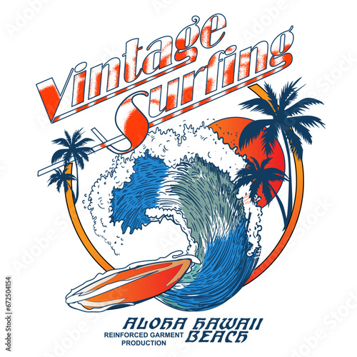 Vintage retro summer tropical beach prints,  summer slogan with beach illustration, Hawaii, Aloha surf typograph. Summer good vibes palm tree vector print artwork, Girls, men, summer beach vector 