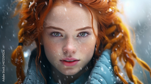 A portrait of a beautiful young female model with red hair and a healthy, vibrant complexion. Wearing a blue winter coat on a snowy day. 