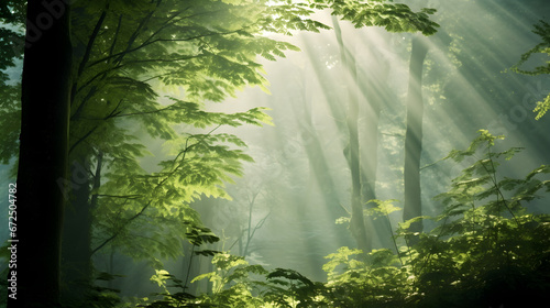 sunlight shining through the trees in a forest with green leaves.This nature-themed asset is perfect for designs related to outdoors, environment, tranquility, and natural beauty.
