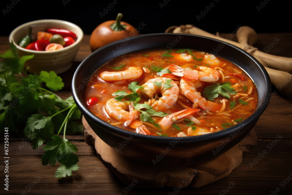 spicy prawn soup placed on a wooden table, Tom Yum Goong