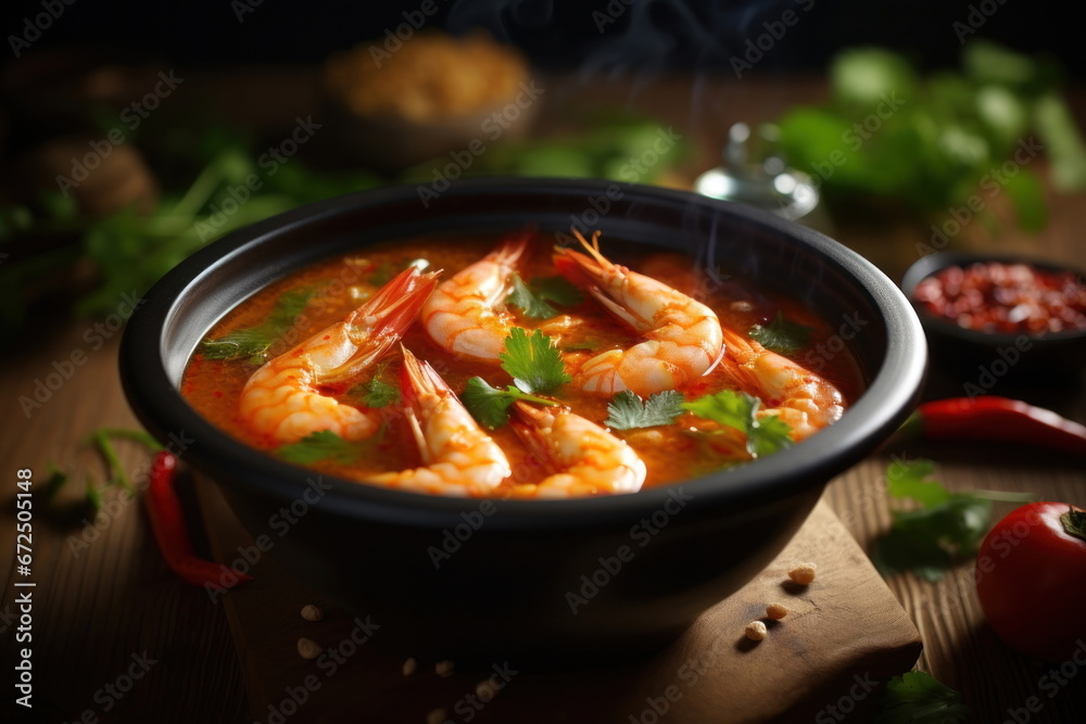 spicy prawn soup placed on a wooden table, Tom Yum Goong spicy prawn soup placed on a wooden table, Tom Yum Goong