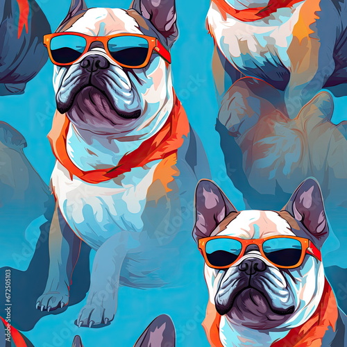 Seamless Pattern Bulldog Wearing Sunglasses