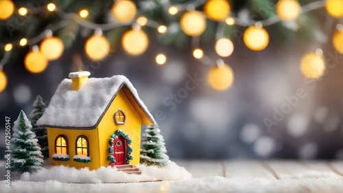 メリークリスマスと新年あけましておめでとうございますのコンセプト、キラキラの背景、雪の積もった小さな黄色の家｜Merry Christmas and Happy New Year concept. Glitter blue background. A small yellow house covered in snow. Generative AI
