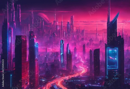 AI generated illustration of a bustling cityscape at night, illuminated by vibrant neon lights