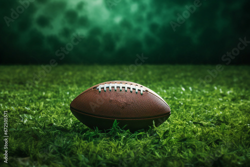 Closeup shot of american footbal on green field