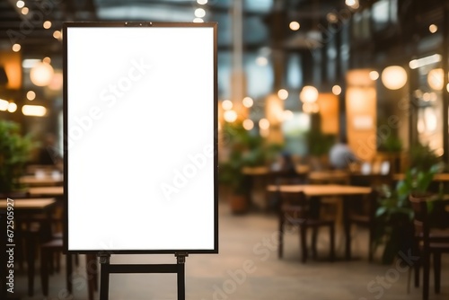 mockup white poster with black frame stand in front of blur restaurant cafe background for show or present promotion product concept. generative ai.