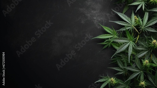 AI generated illustration of green cannabis plants against a dark background with copyspace