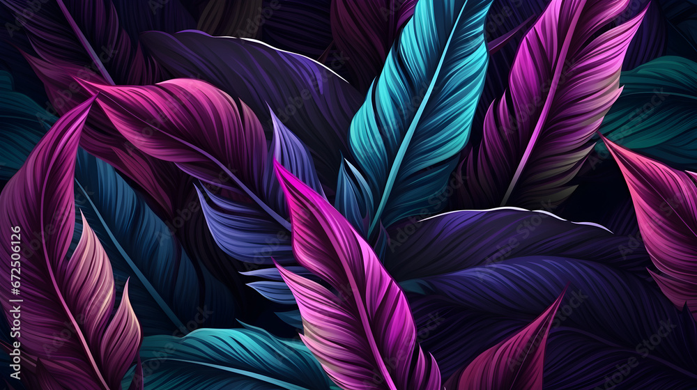 Tropical exotic seamless pattern with neon light color banana leaves, palm on night dark background, neon leaves