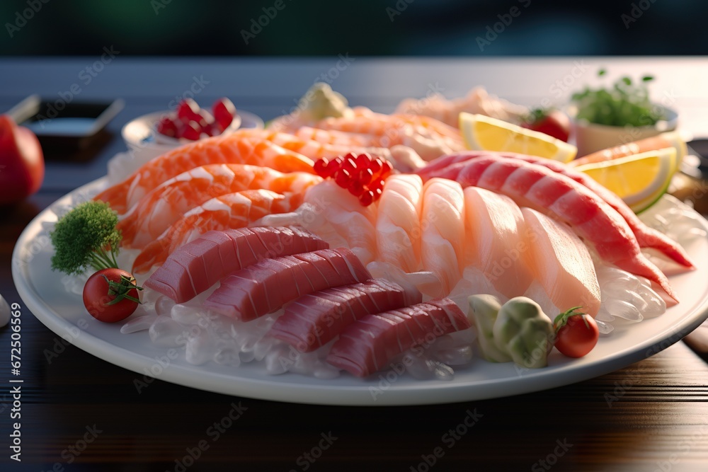 a plate of various seafood with sashimi on top