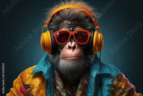 Portraits side view Fashionable monkey Humanized, Sunglasses ,Ear Headphones. Generative AI.