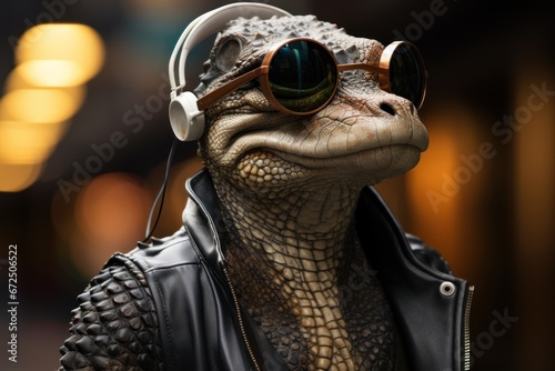 Portraits side view Fashionable crocodile Humanized, Sunglasses ,Ear Headphones. Generative AI.