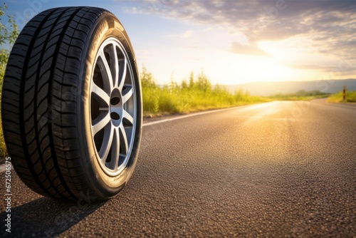 Summer tires on the asphalt road in the sun time for summer tires. Generative AI.
