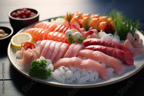 a plate of various seafood with sashimi on top