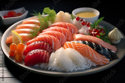 a plate of various seafood with sashimi on top