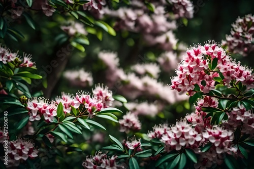 Background with a blurred mountain laurel kalmia latifolia bush in bloom
