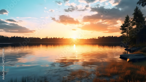 sunset over the lake, sunset at coast of the lake. Nature landscape. Nature in northern Europe. reflection, blue sky and yellow sunlight. landscape during sunset.