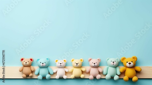 AI generated illustration of a row of cute colorful teddy bears on a blue background
