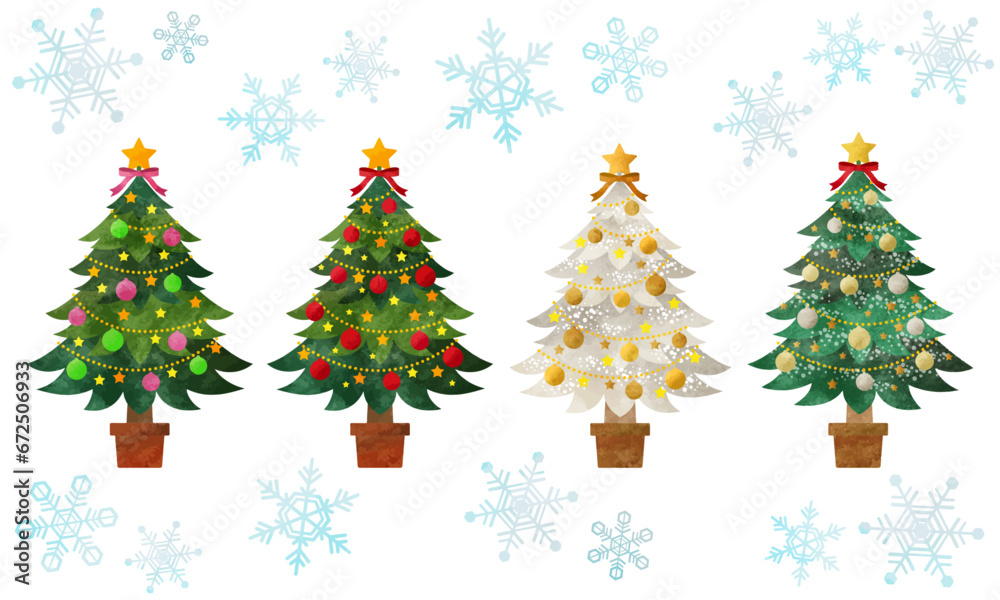クリスマスツリーと雪の結晶ベクター素材