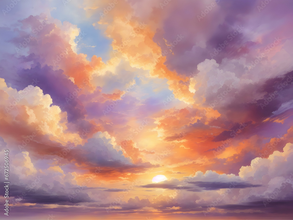 Fototapeta premium A sunset sky with clouds illustration for decoration. 