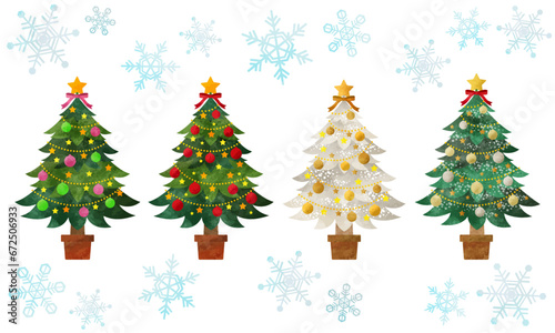 クリスマスツリーと雪の結晶ベクター素材