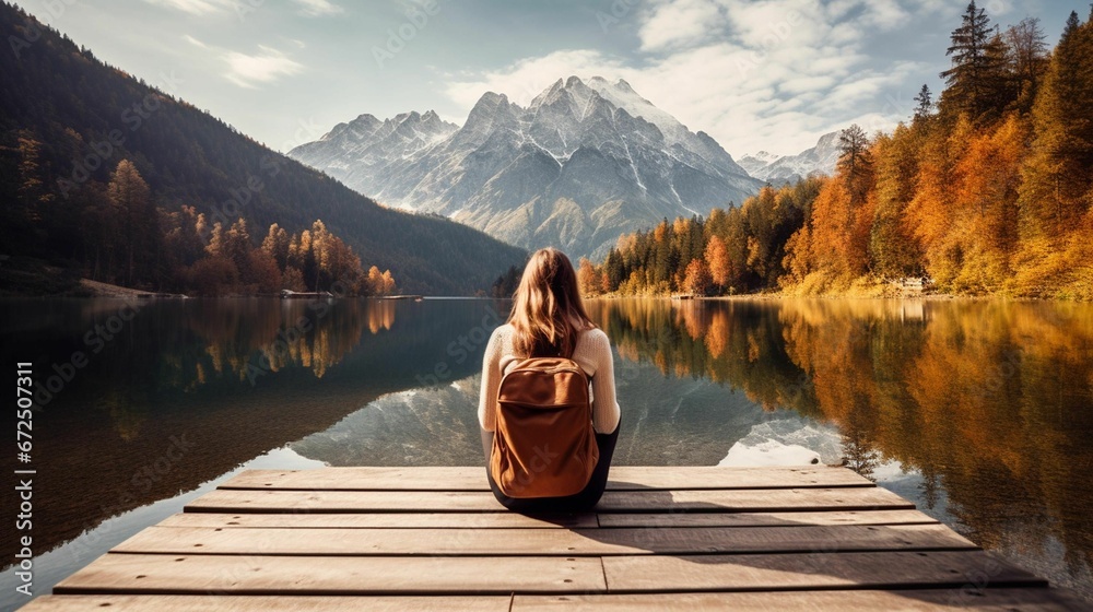 AI generated illustration of a woman sitting against a lake in autumn