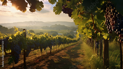 Grape fruit yard with sun light background. Wine yard landscape.