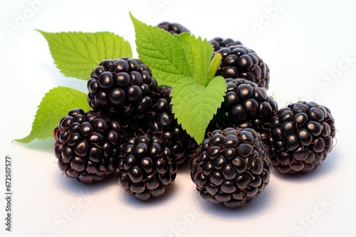 Photo of a bunch of plump blackberries on a clean white sheet. Generative AI