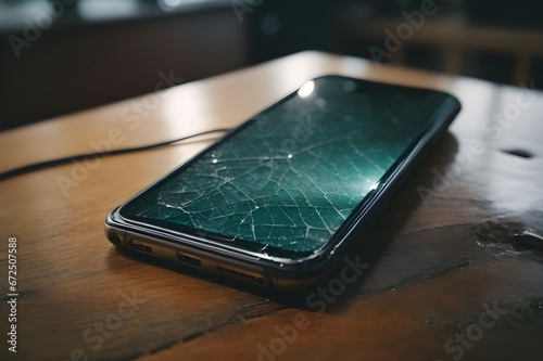 Potrait of a phone with cracked screen on the table.