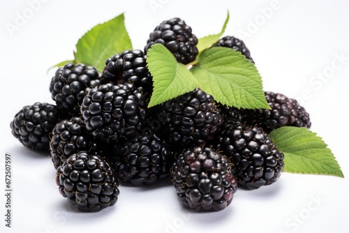 Photo of a bunch of plump blackberries on a clean white sheet. Generative AI
