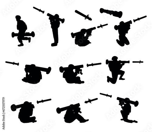 Set of silhouette vector illustrations of soldiers holding anti-tank missiles