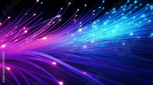 AI generated illustration of multicolored fiber optic cables in blue and purple