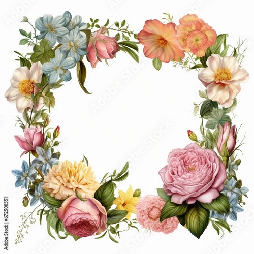 AI generated illustration of a flower wreath composed of vibrant flowers on a white background