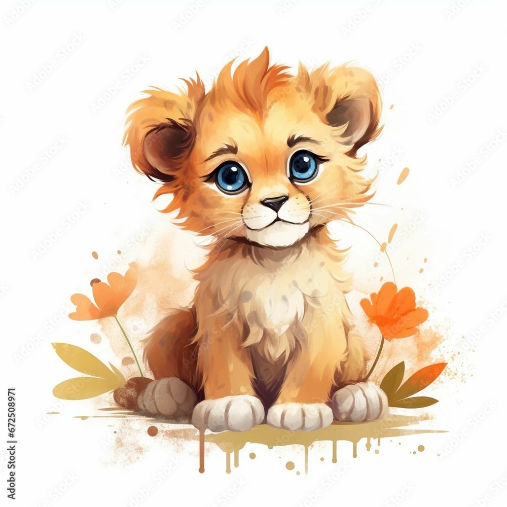 Adorable small lion with big eyes resting on a pile of green leaves, AI-generated. Adorable small lion with big eyes resting on a pile of green leaves, AI-generated.