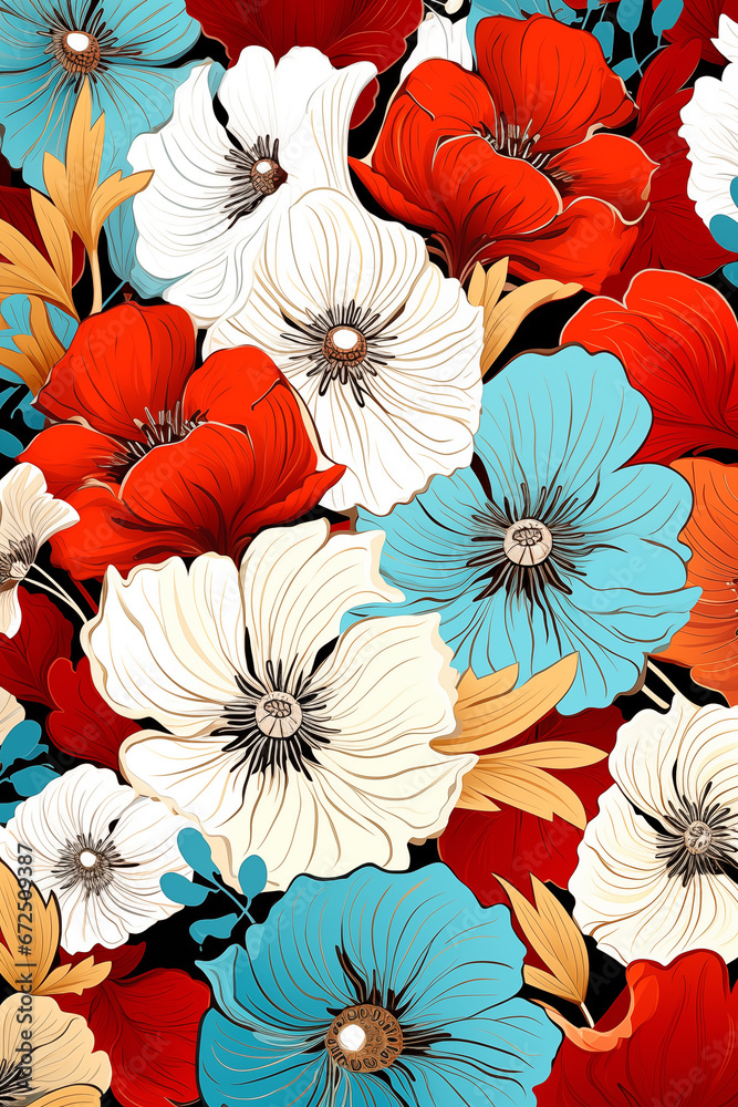 a pattern of red, blue, and white flowers, in the style of orange and beige
