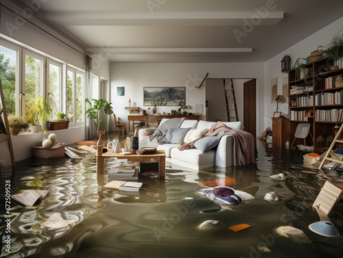 Water damage after flood in warehouse with messy and floating furniture